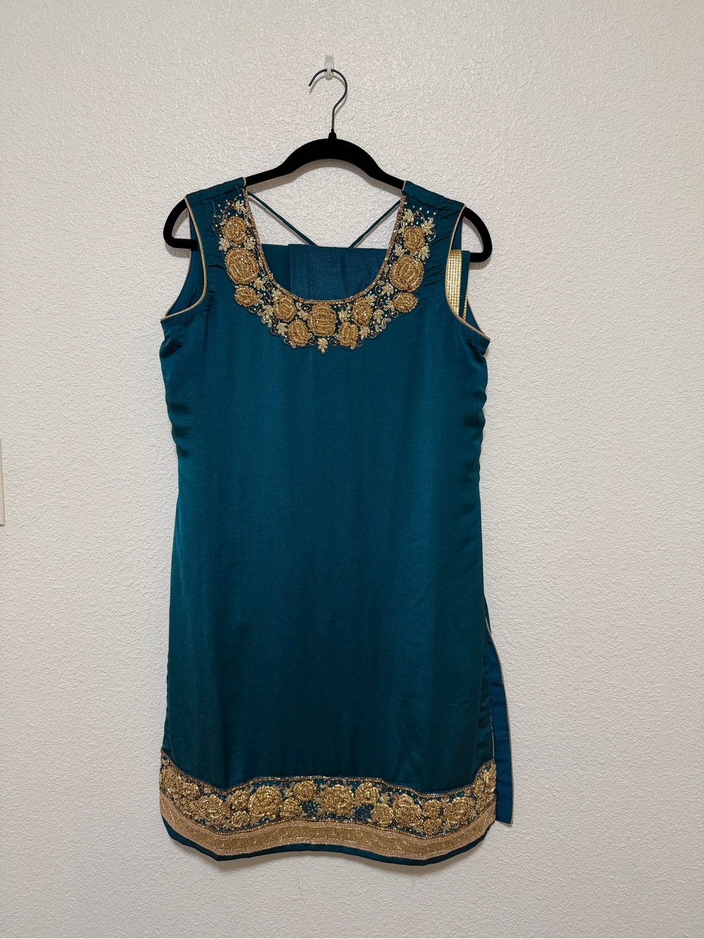 Embroidered Teal Sleeveless Tunic Dress with Gold Accents 3 piece set